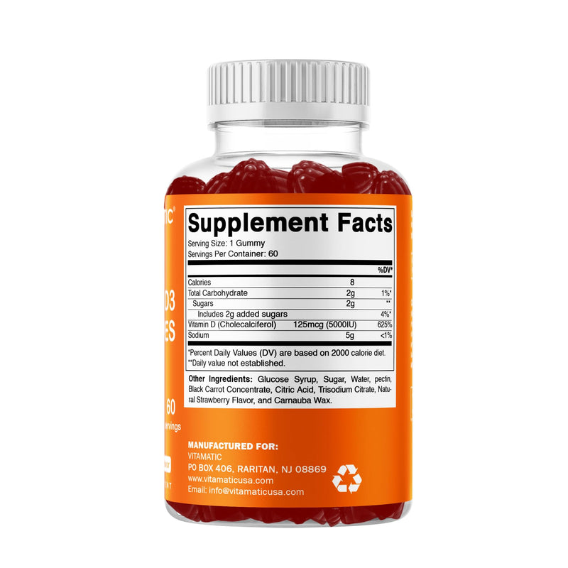 Vitamatic Vitamin D3 Gummies – 5000 IU Per Gummy | 60 Gummies | Vit D3 (Cholecalciferol), Natural Strawberry Flavor, Support Born, Teeth and Immune* Pectin Based, Non-GMO, Gluten Free 60 Count (Pack of 1)