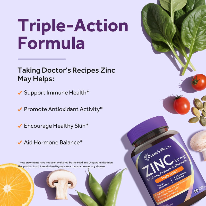 Doctor's Recipes Zinc Supplement 50mg, Triple Action Immune Support, Chelated Zinc Picolinate, Glycinate & Gluconate, Once Daily for Men & Women, Skin Health, Hormone Balance, Vegan, 60 Capsules