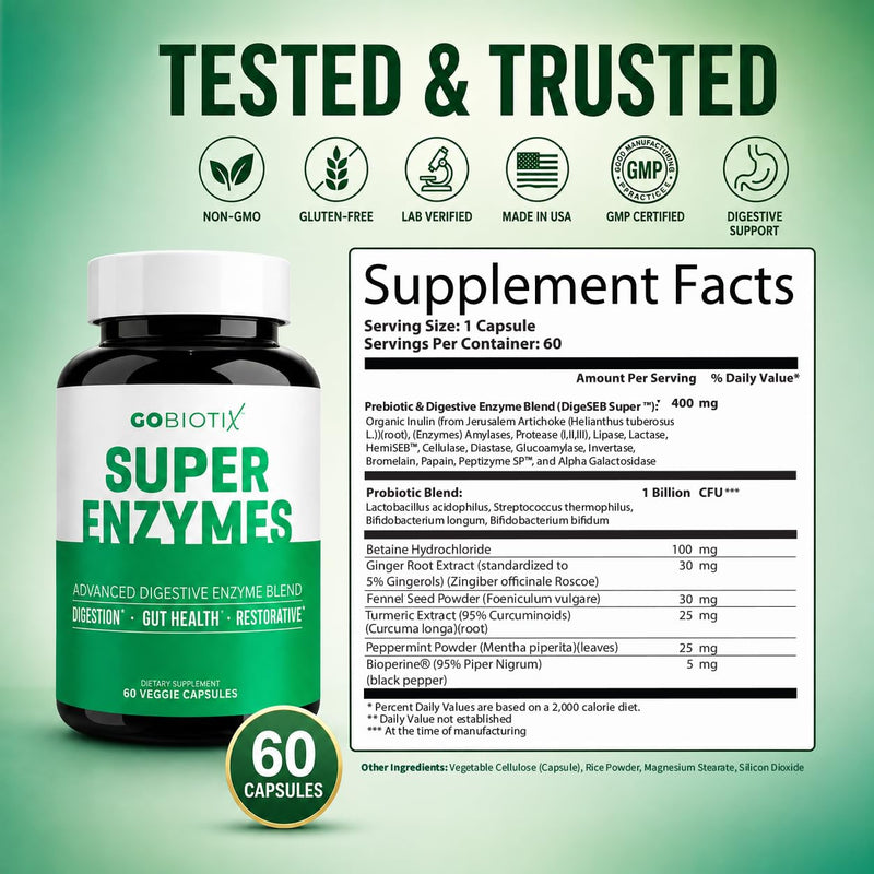 GOBIOTIX Digestive Enzymes Supplement with Prebiotics and Probiotics for Women and Men - Gut Health, Gluten Digestion, Lactose Absorption, Plant Based Dietary Pills - 120 Capsules 60 Count (Pack of 2)