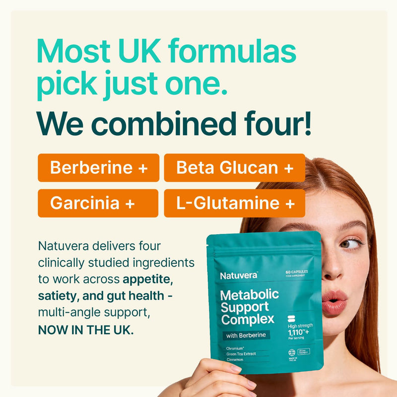 Berberine Complex & Metabolic Booster — Appetite Suppresants and Gut Health Supplement — Chromium, Garcinia, Cinnamon, Lactobacillus — 60 Vegan Capsules for Men & Women — Made in the UK
