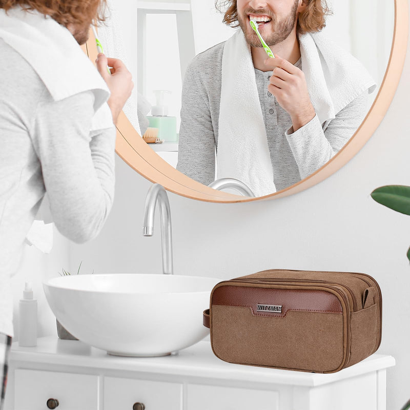 WITZMAN Canvas Toiletry Bag for Men Travel Toiletries Large 7L Dopp Kit | Multi-pockets with Dry-wet Pocket, Side Handle for Hanging, Lightweight, For Daily Use, Bathroom, Make up, A8002 Brown
