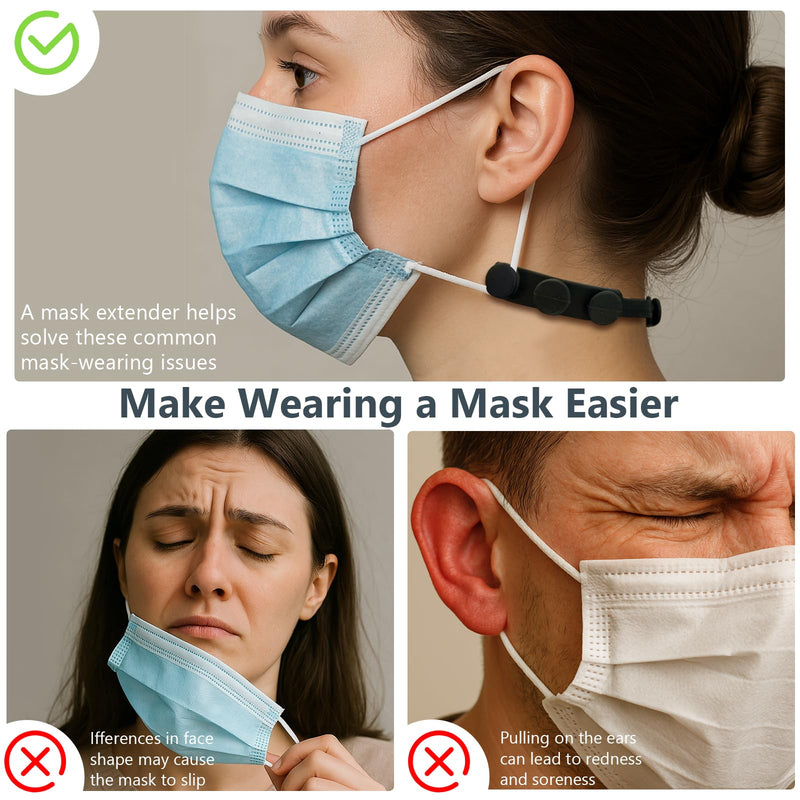 [Australia] - 6-Pack Black Adjustable Silicone Mask Strap Extenders ‚Äì Anti-Tightening Ear Savers with Hook Buckle for Comfort and Pain Relief 