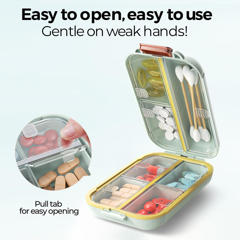 7 Compartments Travel Pill Organizer, Foldable Portable Airtight Daily Pill Box, Compact Pill Case for Purse & Pocket, BPA-Free Medicine Organizer for Vitamins Fish Oil Supplements (Green) Green Medium
