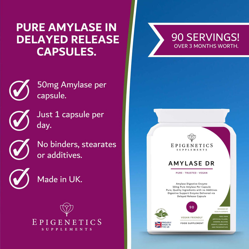 Amylase Delayed Release (DR) 50mg of Digestive Support Enzymes | 90 Vegan Friendly Capsules UK Made | Long 3 Month Supply by Epigenetics Supplements 90 count (Pack of 1)