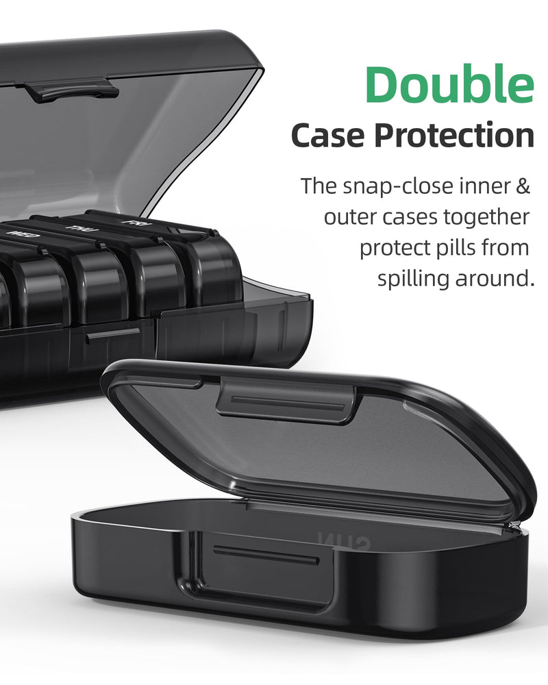 [Australia] - PULIV Pill Organizer with Large Capacity, Dual Protection Pill Box 7 Day, Arthritis Friendly Pill Case Easy to Open, Weekly Medicine Organizer for Vitamins, Medications, Fish Oils, Supplements (Black) Black 