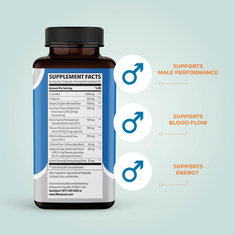 [Australia] - LifeSeasons - Nitro-T - Men's Performance Support Supplement - Enhance Stamina & Energy - Promote Healthy Blood Circulation - L-Citrulline L-Theanine Tribulus Ginger Kava & Caffeine - 90 Capsules 90 Count (Pack of 1) 