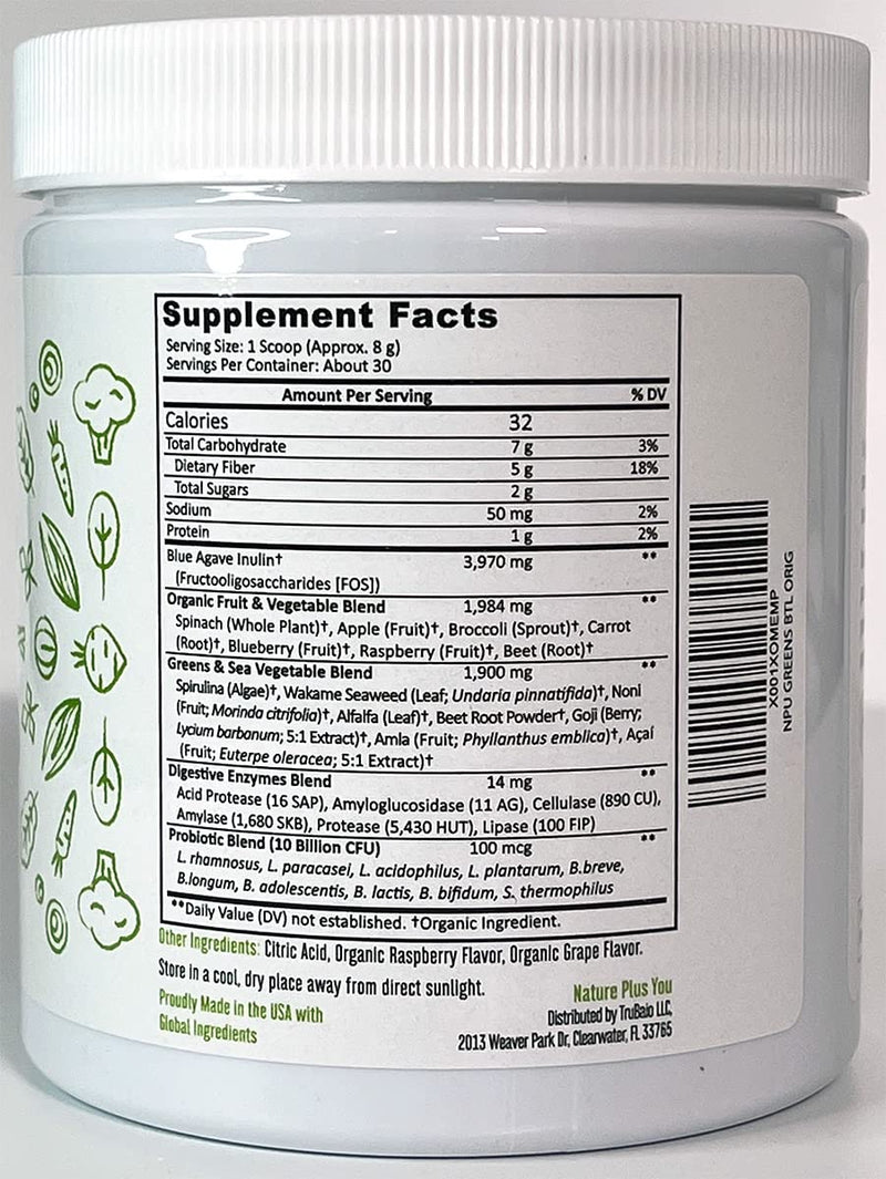 [Australia] - Super Greens Powder Organic Blend: Non-GMO Supplement, includes Spirulina, Alfalfa, Spinach, Probiotics, Fiber and Digestive Enzymes, No Artificial Sweeteners, 30 Servings Jar 8.5 Ounce (Pack of 1) 
