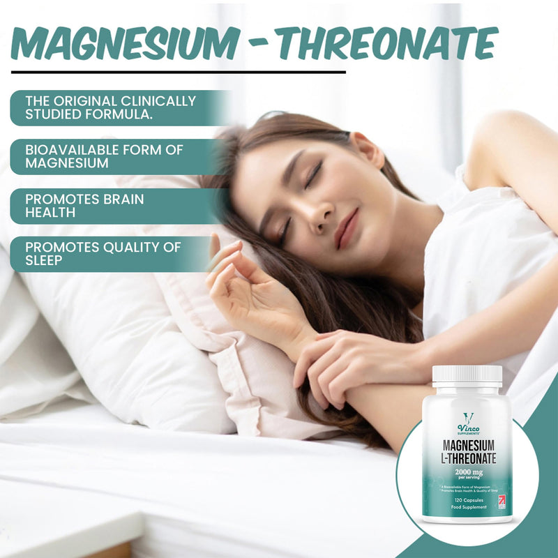 Vinco Magnesium L-Threonate Supplement - 120 High Strength Magnesium L Threonate Capsules - 2000mg Bioavailable Form of Magnesium per Serving - Non-GMO & Gluten Free - Made in The UK White
