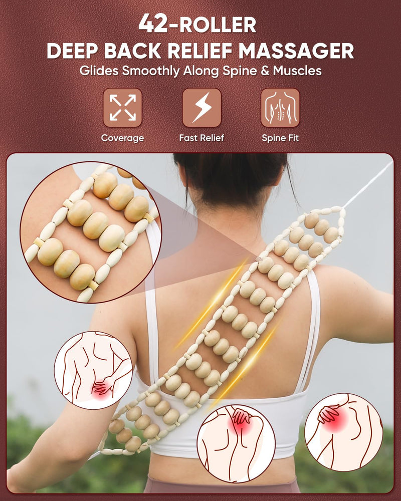 [Australia] - ONUEMP 2PCS Wood Therapy Massage Tools, Wooden Massage Roller Stick & Back Massager Roller Rope, Maderoterapia Kit Colombiana for Lymphatic Drainage, Anti Cellulite, Body Sculpting, Ease Deep Tissue 