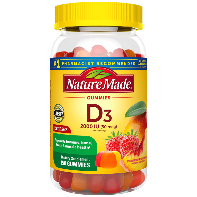 [Australia] - Nature Made Vitamin D3 2000 IU Per Serving Gummies, Bone, Teeth, Muscle and Immune Health Support, 75 Day Supply, 150 Vitamin D Gummies for Adults Strawberry, Peach, Mango 150 Count (Pack of 1) 