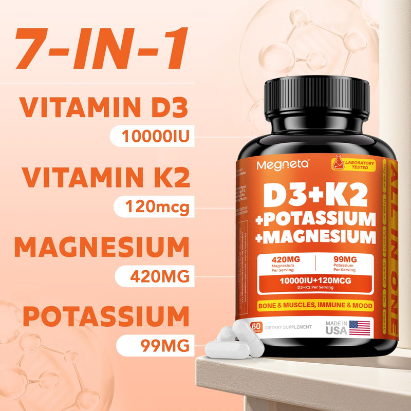 Vitamin D3 K2 MK-7 10000 IU with Magnesium Glycinate 420mg & Potassium | Supports Bone Strength, Muscle Health, Heart & Immune Wellness, Energy & Restful Sleep with 99mg Potassium Citrate, 60 Caps