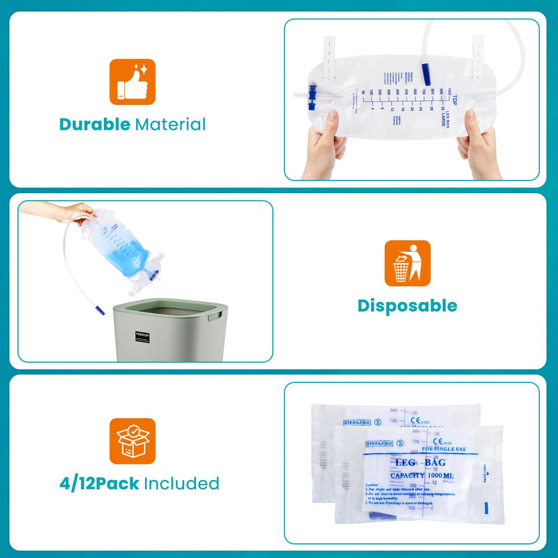 [Australia] - 4 Pack 1000ml Catheter Bags with 18‚Äù Drainage Tube,Anti Reflux Valve,Large Capacity Urine Leg Catheter with Two Latex-Free Straps, Easy Flip Drain, Urinary Catheter for Men, Women 4 PACK 