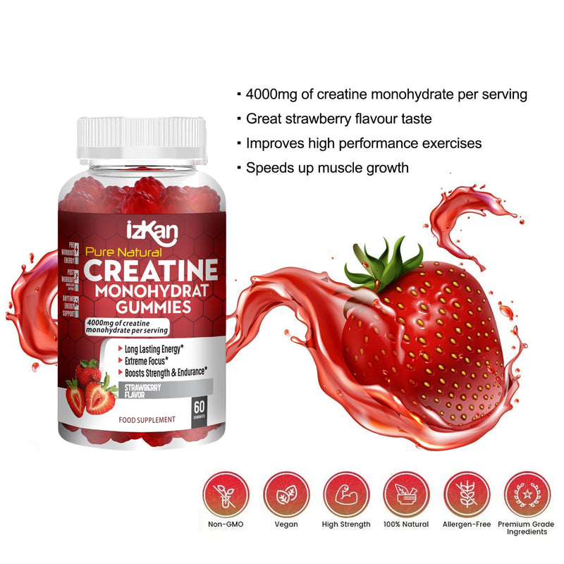 Creatine Monohydrate Gummies 4000mg for Men & Women - 60 Chewable Creatine Gummies Strawberry Flavoured Creatine | Pre Workout Gym Supplement| Vegan | (1 Months Supply) (1) 1