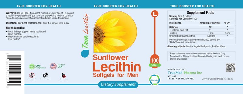 [Australia] - Sunflower Lecithin Softgels for Men - 100 Softgels - Brain Health & Vitality Support - 1200mg Natural Formula - Non-GMO - Focus, Heart Health, Choline Rich - Optimal Absorption. 