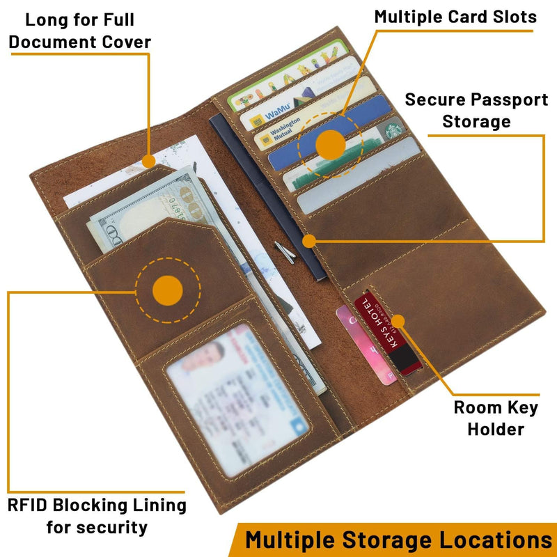 WANDERINGS Genuine Leather Passport Wallet - 4.25 x 9 - Large Leather Passport Holder for Travel - Folding Leather Travel Wallet Case with RFID Blocking, Travel Organizer for Men and Women Tall