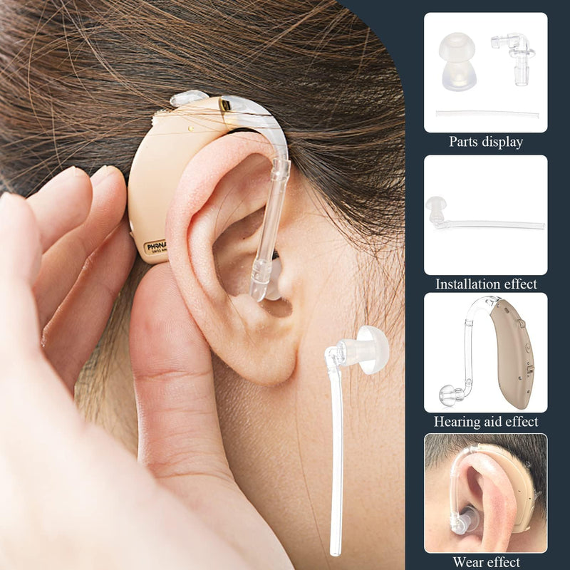Powerful 15 Pack Hearing Aid Domes with Tubes, 12mm and 14mm Silicone Replacement Ear Tips, Hearing Aid Accessories with Cleaning Tool, Compatible with Most BTE Hearing Aids