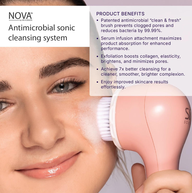[Australia] - Spa Sciences - NOVA - Sonic Cleansing Brush with Bristles & Infusion System – Anti-Aging Facial Exfoliating, Waterproof, and USB Rechargeable Pink 
