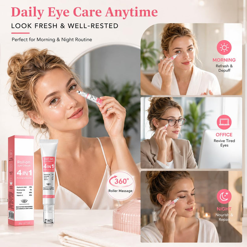 Retinol Eye Cream for Puffiness & Dark Circles, Under Eye Cream with Hyaluronic Acid, Nicotinamide & Vitamin C, Eye Puffiness Reducer and Eye Bag Cream with 360° Eye Roller for Women & Men