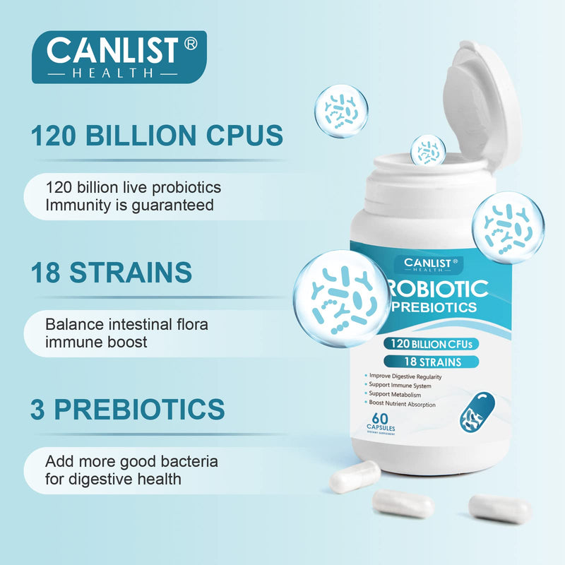 [Australia] - Probiotics 120 Billion CFUs 18 Strains, 3 Prebiotics & Digestive Enzymes for Men Women,Digestive & Immune Support,Shelf Stable Non-GMO 60 Capsules 