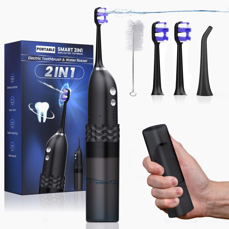 Electric Toothbrush with Water Flosser, 2 in 1 Cordless Toothbrush and Water Flosser Combo,Water Flosser for Travel and Home(Black) Black
