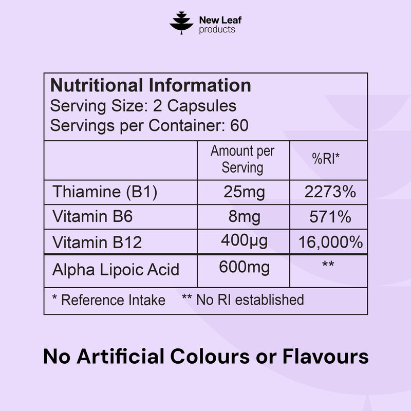Alpha Lipoic Acid Complex with Vitamin B12, B6 & Thiamine 600mg ALA Daily Serving, 120 Capsules, 2 Month Supply - B Vitamins Contribute to Normal Nervous System Function, Neuropathy & Nerve Support