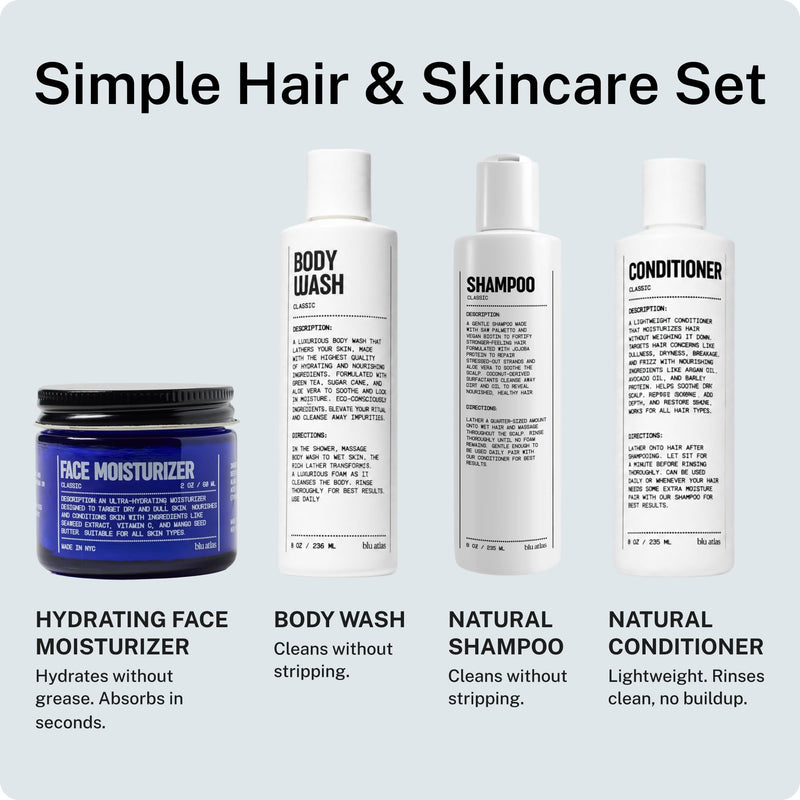 Blu Atlas Men's Essentials Set – Includes Hydrating Face Moisturizer 2 oz, Exfoliating Body Wash 8 oz, and Natural Sulfate-Free Shampoo 8 oz & Conditioner 8oz for All Hair & Skin Types – Classic Scent 4.5 Ounce (Pack of 4)