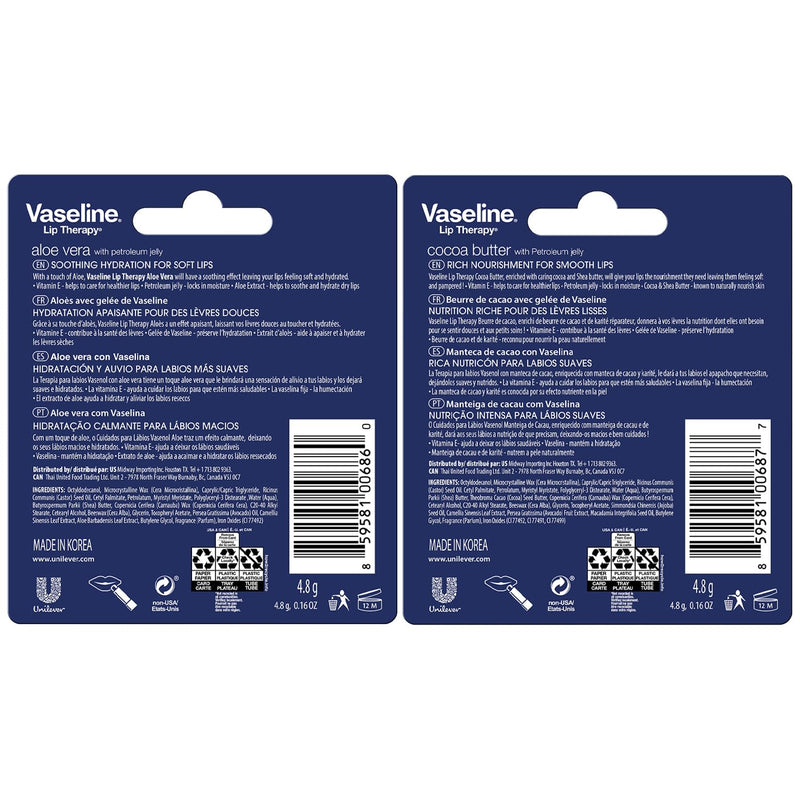 Vaseline Lip Therapy Variety 4-Pack – Cocoa Butter + Aloe Vera Moisturizing Lip Balm with Vitamin E, 0.16 Oz Ea Aloe Vera, Cocoa Butter 0.64 Ounce (4 Count, Pack of 1)