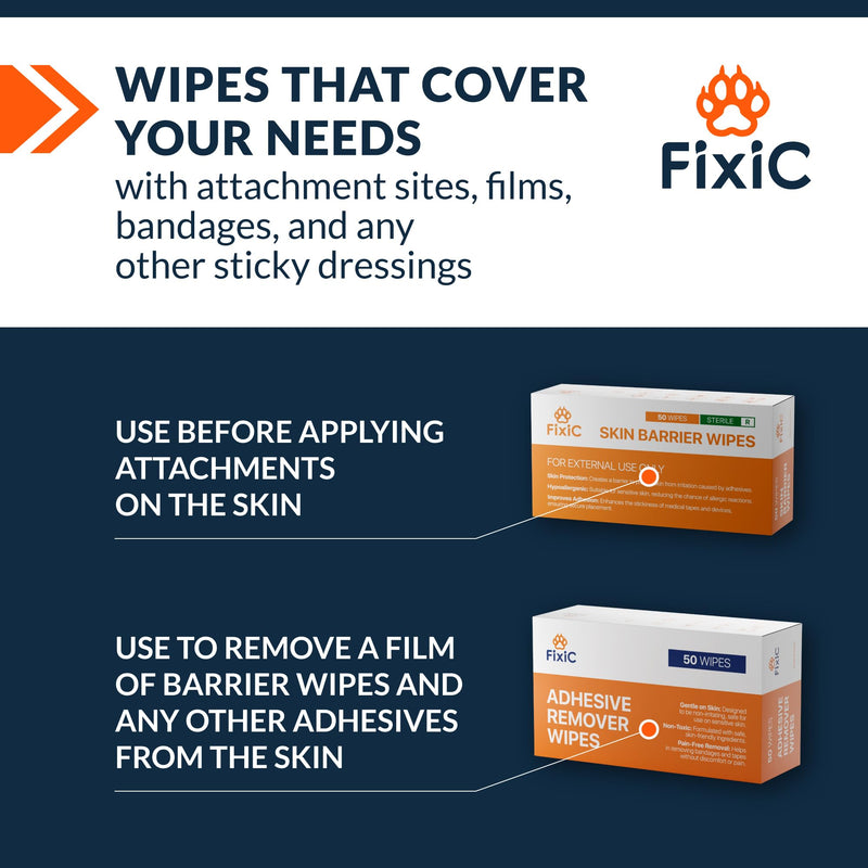 [Australia] - Fixic Skin Barrier Wipes - 50 PCS - Premium Skin Prep Protective Wipes - Skin Adhesive Wipes to Create the Barrier between Skin and Attachments - Skin Glue Wipes to Increase the Adhesive Tape Effect! Adhesive Barrier Wipes 