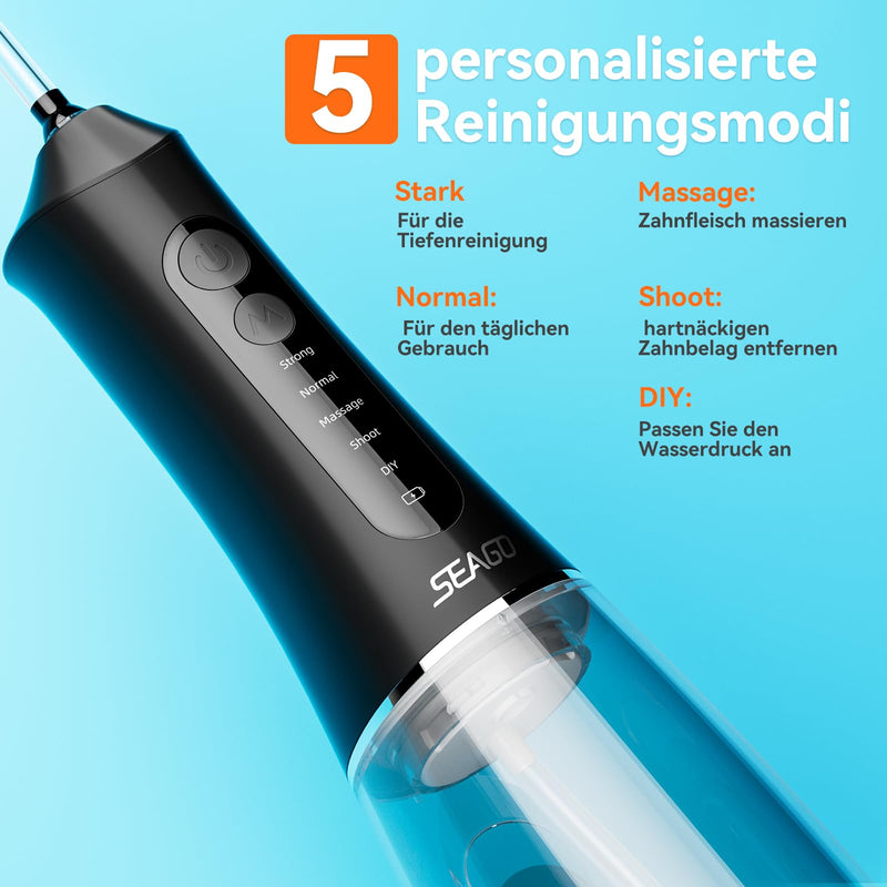 [Australia] - Oral Irrigator Wireless, SEAGO Portable Water Flosser Electric Tooth Cleaner 5 Modes & 7 Nozzles, 300ML Water Tank Interdental Space Cleaner Oral Irrigator Test Winner IPX7 Waterproof Dental Irrigator for Travel & Home Black 