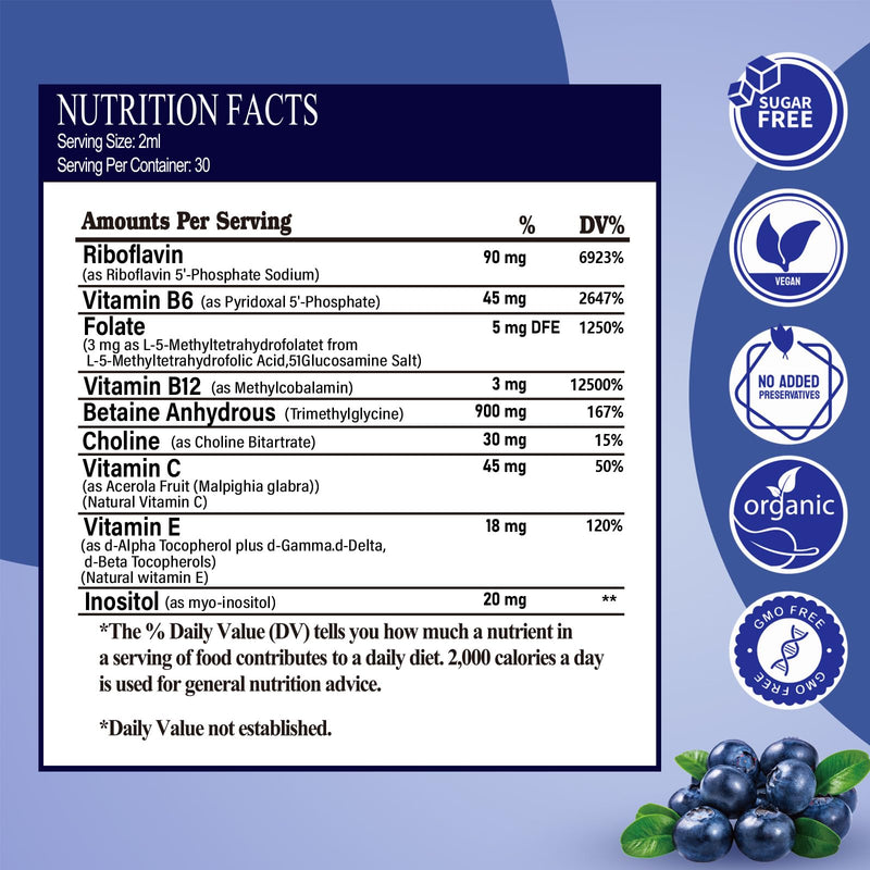 Methylated B Complex Liquid Drop Complete 9-in-1 Methyl B Vitamins w. B12 Methylfolate Inositol Choline TMG Vitamin C E, Super B-Complex Methylated for MTHFR Support, Energy Mood Nerve & Brain Health