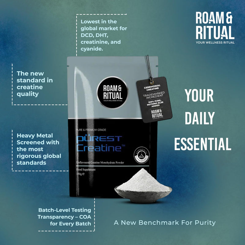 Ceremonial Creatine™ Powder 150g | Unflavoured, No additives or fillers | Third Party Verified for Purity | Purest Creatine™ - Lowest in the Market for DCD, DHT & Creatinine by Roam & Ritual™