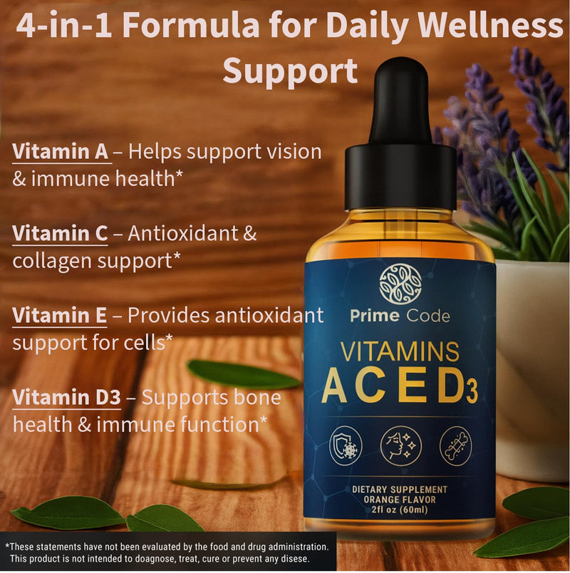 [Australia] - Prime Code Liquid Vitamin A Supplement for Women & Men with Vitamin C E and D3, Vitamin A C E D3 Drops for Adults, Non-GMO, Faster Absorption & Immune Support, Natural Orange Flavor Drops 