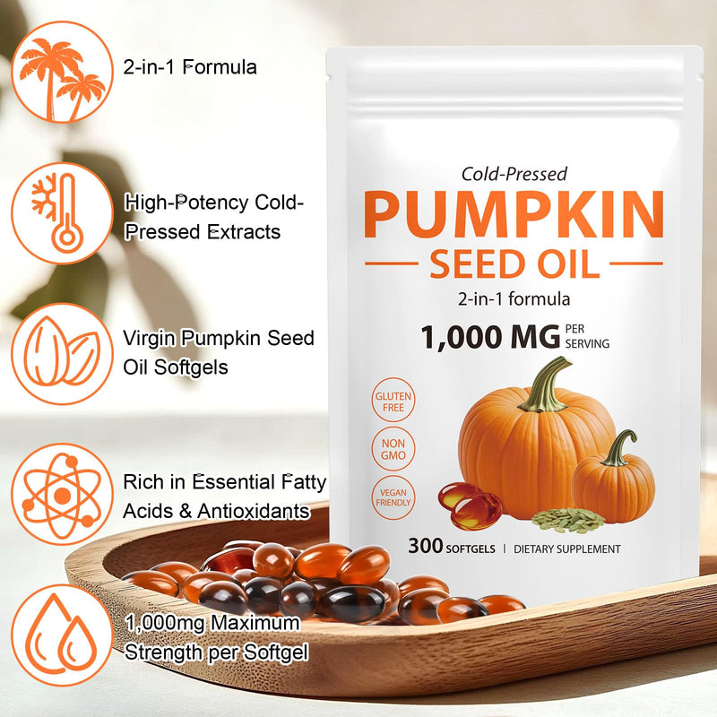 Pumpkin Seed Oil Capsules, 300PCS Pumpkin Seed Oil for Hair Growth & Prostate Health, Hormone Balance, Cold Pressed, Supports Urinary, 2-in-1 Formula Skin Care (1 PC) 300 count (Pack of 1)
