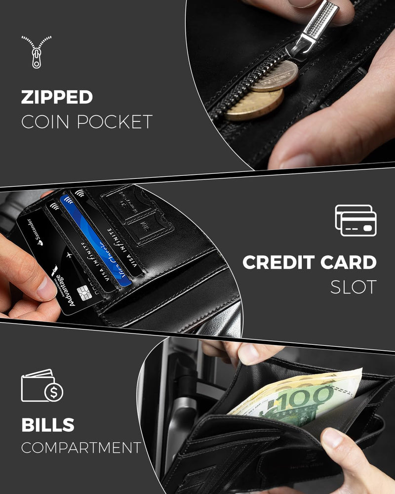 Passport Holder for Travel: RFID Blocking Full Grain Leather Passport Wallet for Men - Slim Minimalist Bi-fold Passport Cover for Air Ticket Credit Card Bills Coin, Gift Boxed (Black) Black