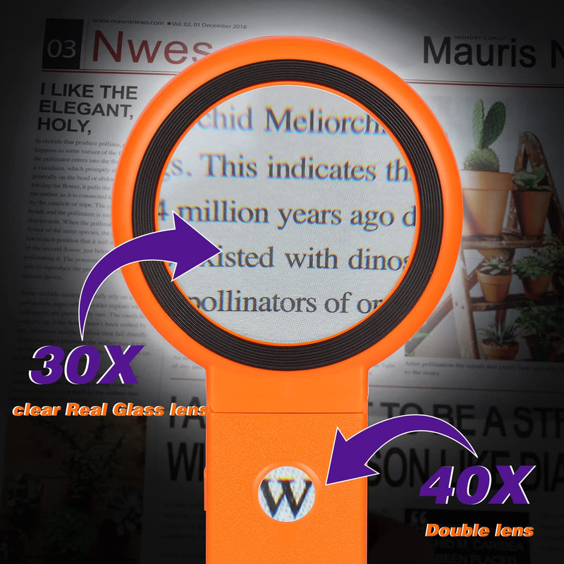 [Australia] - 30X 40X Magnifying Glass with Light and Stand, Foldable Handheld Magnifying Glass 18 LED Illuminated Lighted Magnifier for Macular Degeneration, Seniors Reading, Close Work, Coins, Jewelry (Orange) Orange 