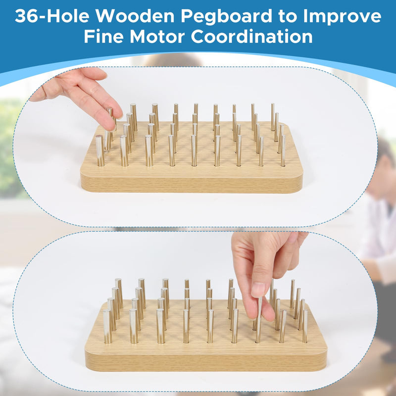 [Australia] - 36-Hole Wooden Pegboard for Occupational Therapy, Hand Therapy Peg Board with 3 Sizes of Round Iron Pegs to Improve Finger Dexterity, Fine Motor Coordination & Sensory Rehabilitation 