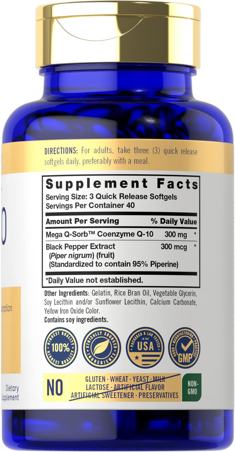 Carlyle CoQ10 300mg | 120 Softgels | Mega Q-Sorb Coenzyme Q-10 | with Black Pepper Extract | Non-GMO, Gluten Free 120 Count (Pack of 1)