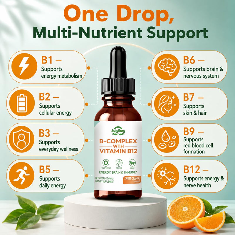 Suiyilary Vitamin B Complex Liquid Drops, B12 Methylcobalamin, B9 Folic, Vitamin C, Immune, Energy Metabolism, Brain & Heart Support, Orange Flavor, 60ml