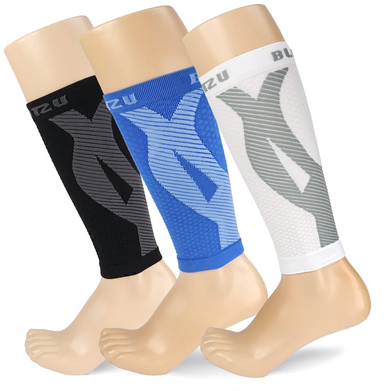 BLITZU 3 Pairs Calf Compression Sleeves for Women and Men Size XXL, One Blue, One Black, One White Calf Sleeve, Leg Compression Sleeve for Calf Pain and Shin Splints. Footless Compression Socks.