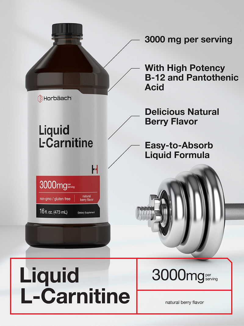 Horbäach L-Carnitine Liquid 16 oz | 3000 mg | Berry Flavor | Vegetarian Formula | Non-GMO, Gluten Free Supplement 16 Fl Oz (Pack of 1)