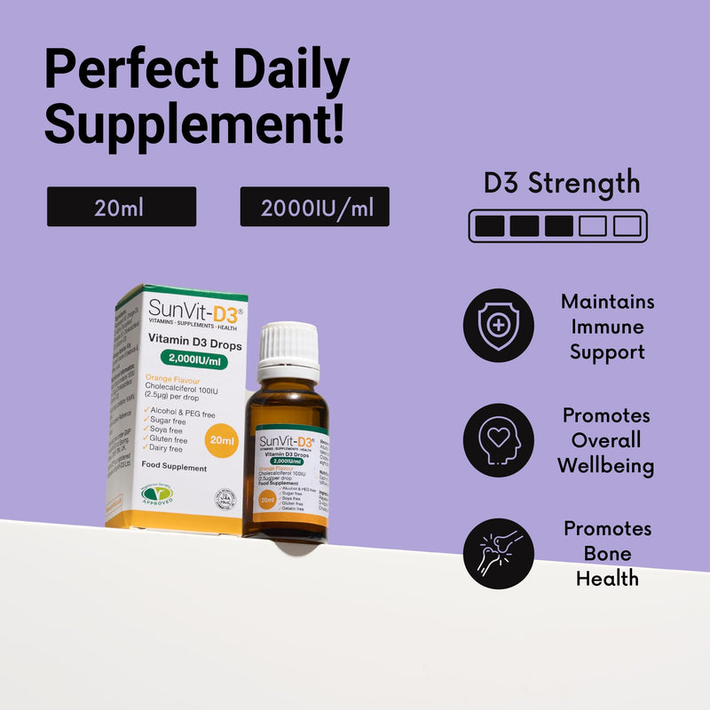 SunVit-D3 Vitamin D3 2000iu Drops - Cholecalciferol Baby Vitamin D Drops, Vitamin D for Kids | Support The Maintenance of Bone, Teeth, Muscle & Immune System | Vitamin D Kids (20ml Orange Flavor)