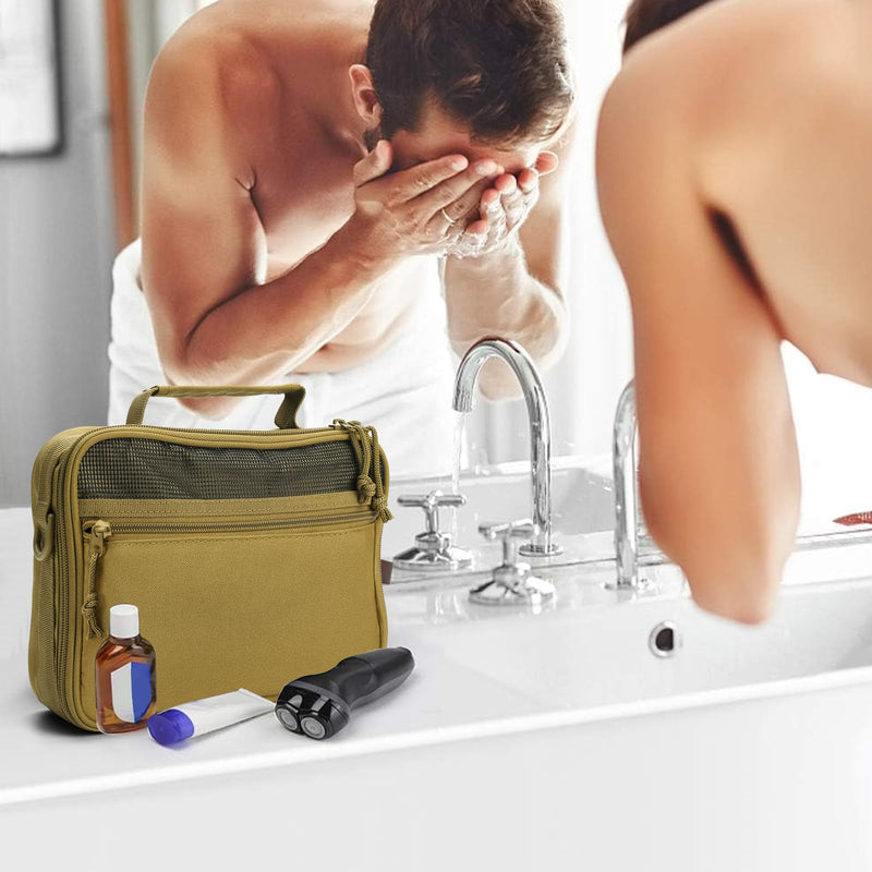 SMONT men's khaki toiletry bag and women's pink toiletry bag set.