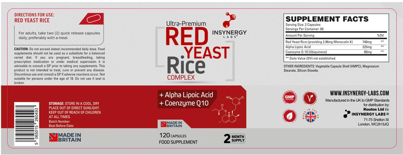 Red Yeast Rice with CoQ10 & Alpha Liopic Acid (3 Cholesterol Lowering Ingredients) Supplement Coenzyme Q10 Red Yeast Cholesterol Lowering Supplements 120 Vegan Capsules