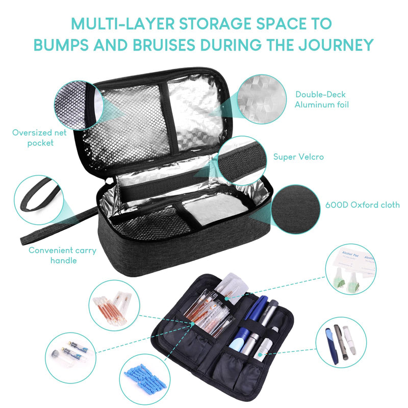 [Australia] - Insulin Cooler Travel Case, Diabetic Medicine Carrying Bag with 2 * 200g Ice Packs, Large Capacity Insulated Organizer Medication Cooler Bag for Insulin Pens and Diabetes (Black) black 