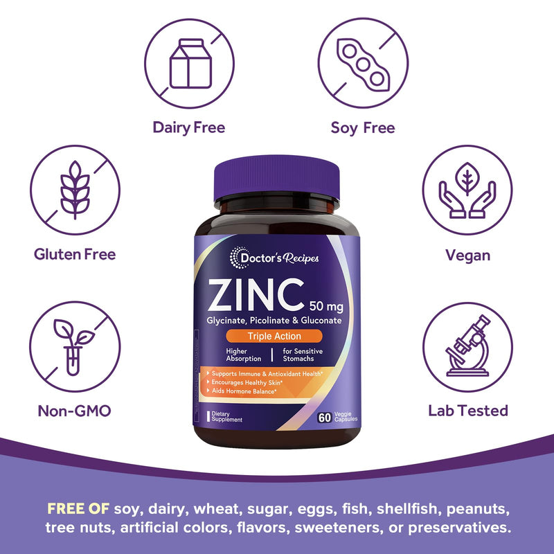 Doctor's Recipes Zinc Supplement 50mg, Triple Action Immune Support, Chelated Zinc Picolinate, Glycinate & Gluconate, Once Daily for Men & Women, Skin Health, Hormone Balance, Vegan, 60 Capsules