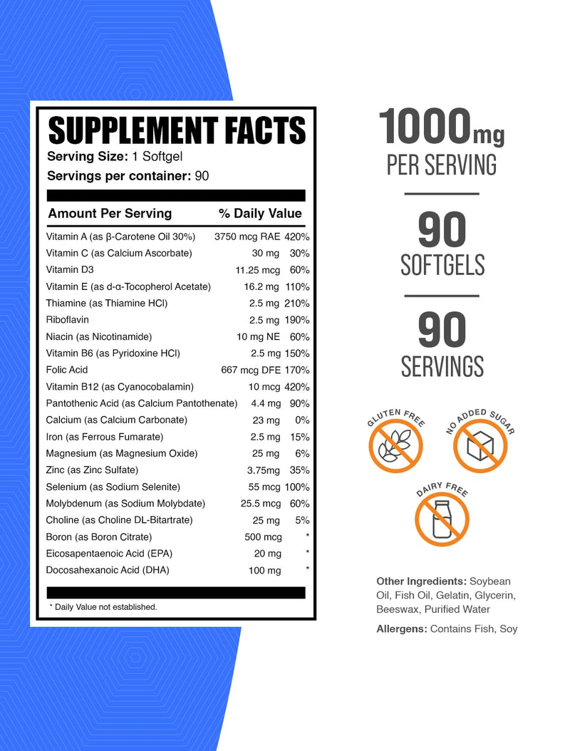 BulkSupplements.com Multivitamin for Men Softgels - Daily Multivitamin, Multimineral Supplement, with Fish Oil - Gluten Free, 1 Softgel per Serving, 90 Count (Pack of 1) 90 Count (Pack of 1)