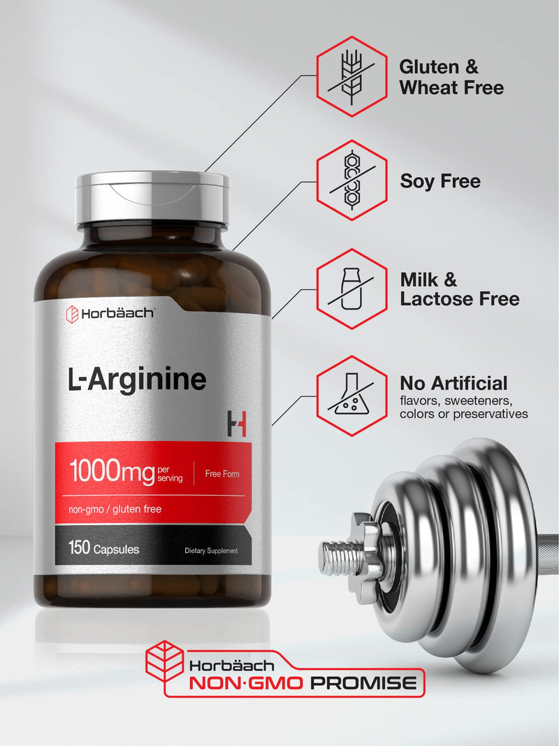 Horbäach L Arginine 1000mg Capsules | 150 Powder Pills | Free Form | Non-GMO & Gluten Free Supplement 150 Count (Pack of 1)