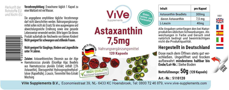 [Australia] - Astaxanthin 7.5 mg - 120 capsules - carotenoid - microencapsulated in beadlets - high dosage and vegan | Quality from Germany from ViVe Supplements 