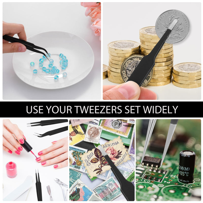 [Australia] - Tweezers Set, 5 Pieces Bead Tweezers 5 Models Stainless Steel Tweezers Anti-Static Precision Tweezers Set for Jewelry Making, DIY Crafts, Electronic Repairs, Manicure Tools (Black) 