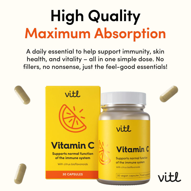 Vitl Vitamin C 500mg Supplement - 30 Vegan Easy to Swallow Capsules - Support Normal Functioning of the Immune System - 1 Month Supply